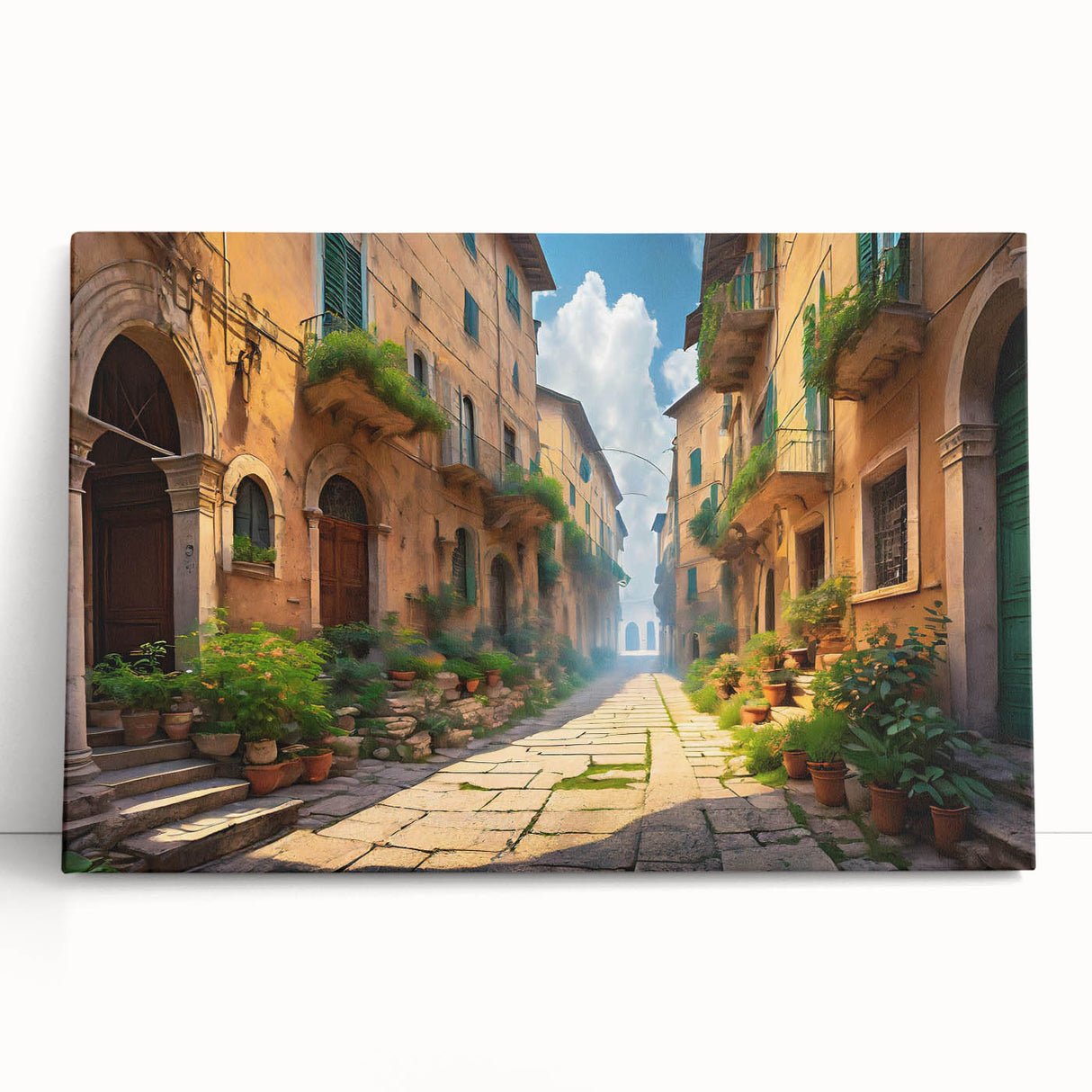 Stretched canvas wall art featuring a vibrant city landscape design, showcasing colorful buildings and streets, perfect for modern home decor.