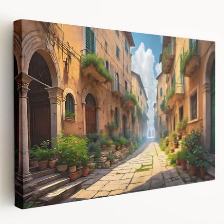 Stretched canvas wall art showcasing a vibrant street landscape design, featuring colorful buildings and trees, perfect for modern home decor.