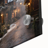 Close-up view of a vibrant acrylic glass wall art piece showcasing a colorful street landscape design, perfect for modern home decor. The artwork features intricate details and vivid hues, enhancing any living space with artistic flair.