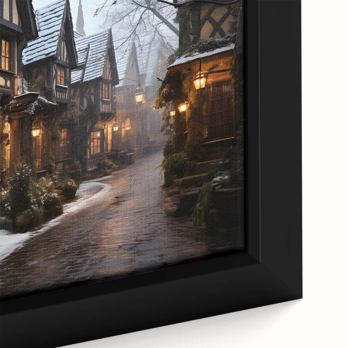 Close-up of a framed canvas artwork showcasing a vibrant city landscape design, featuring intricate details and rich colors, ideal for modern home decor.