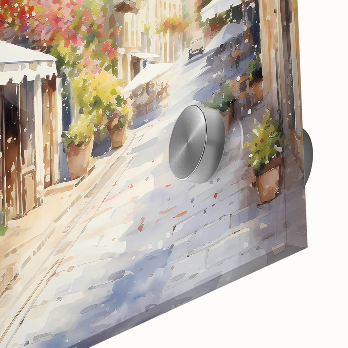 Vibrant acrylic glass wall art showcasing a detailed street landscape design in a modern aesthetic, perfect for contemporary home decor or office spaces.