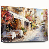 Acrylic glass wall art collection showcasing vibrant street landscapes, displayed from a side view with decorative pins, ideal for modern interior decor.
