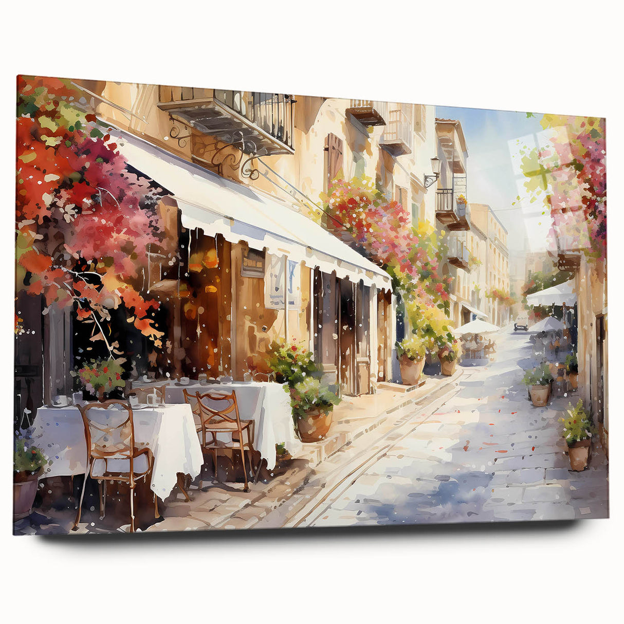 Acrylic wall art collection showcasing a vibrant landscape street design, displayed from a side view, featuring rich colors and intricate details, perfect for modern decor.