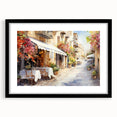 Black-framed wall art showcasing a vibrant landscape street design, elegantly matted for a polished look, perfect for modern home decor.