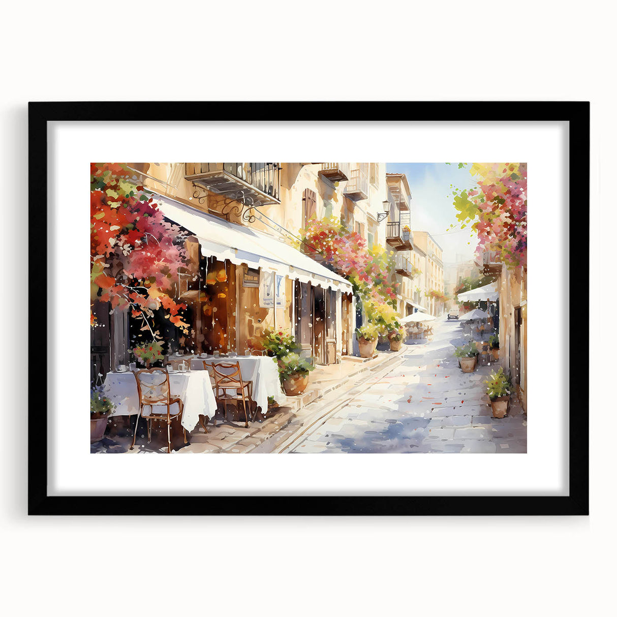 Black-framed wall art showcasing a vibrant landscape street design, elegantly matted for a polished look, perfect for modern home decor.