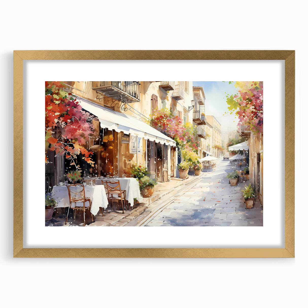 Elegant wall art collection featuring a gold-framed landscape design with a mat, showcasing intricate details and vibrant colors, perfect for modern home decor.