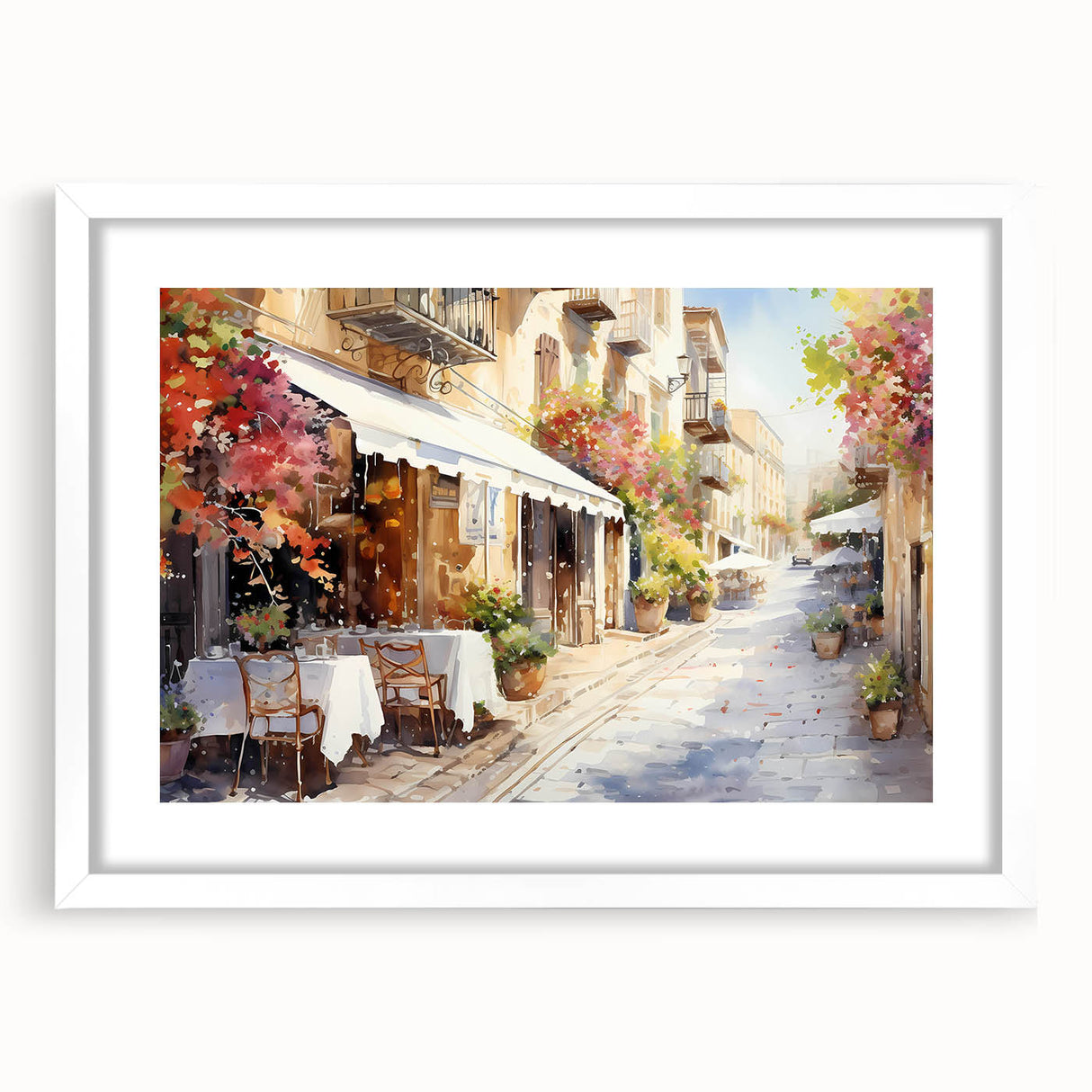 Framed wall art collection showcasing a serene landscape and street design, featuring a white matting with a sleek front view, perfect for home decor.