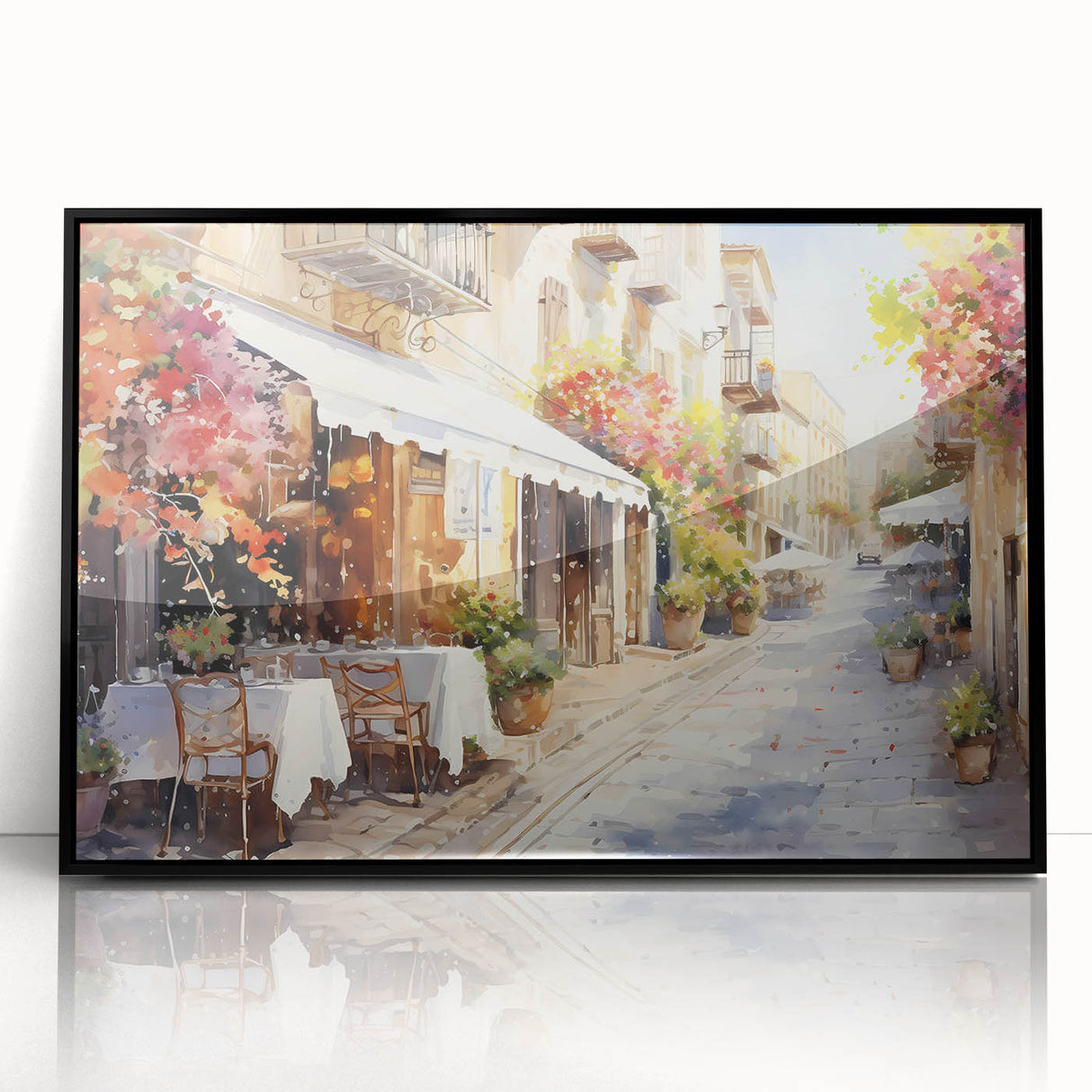 Framed acrylic wall art featuring a modern landscape design with vibrant colors and intricate street scenes, set against a sleek black frame, perfect for contemporary decor.