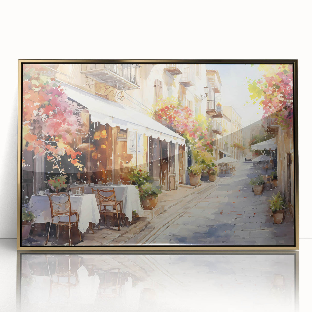 Framed acrylic wall art featuring a modern street landscape design in gold tones. The artwork is elegantly displayed, showcasing intricate details and vibrant colors, perfect for enhancing contemporary home decor.