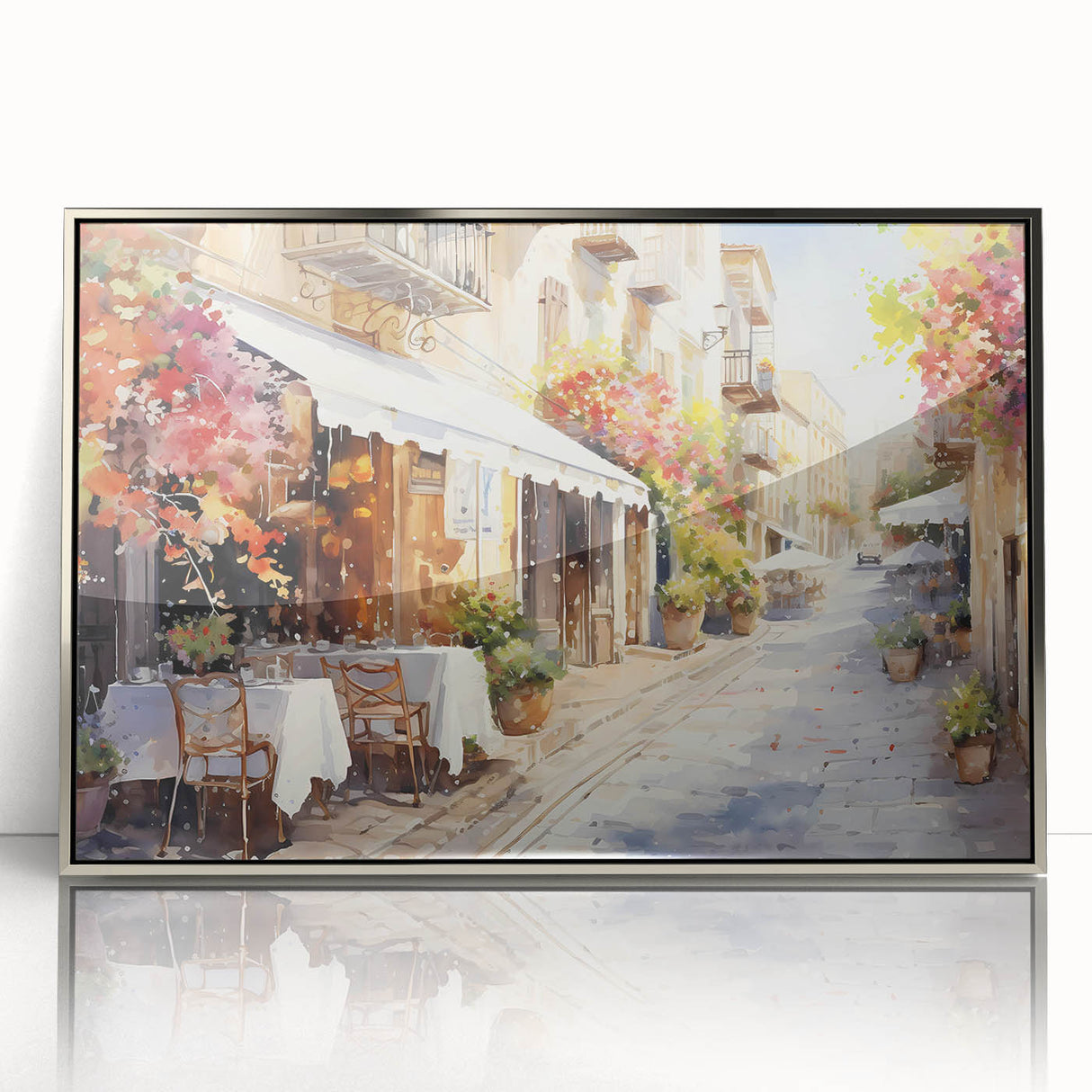 Framed acrylic wall art collection showcasing a vibrant cityscape design in silver tones, ideal for modern home decor, enhancing living spaces with urban elegance.