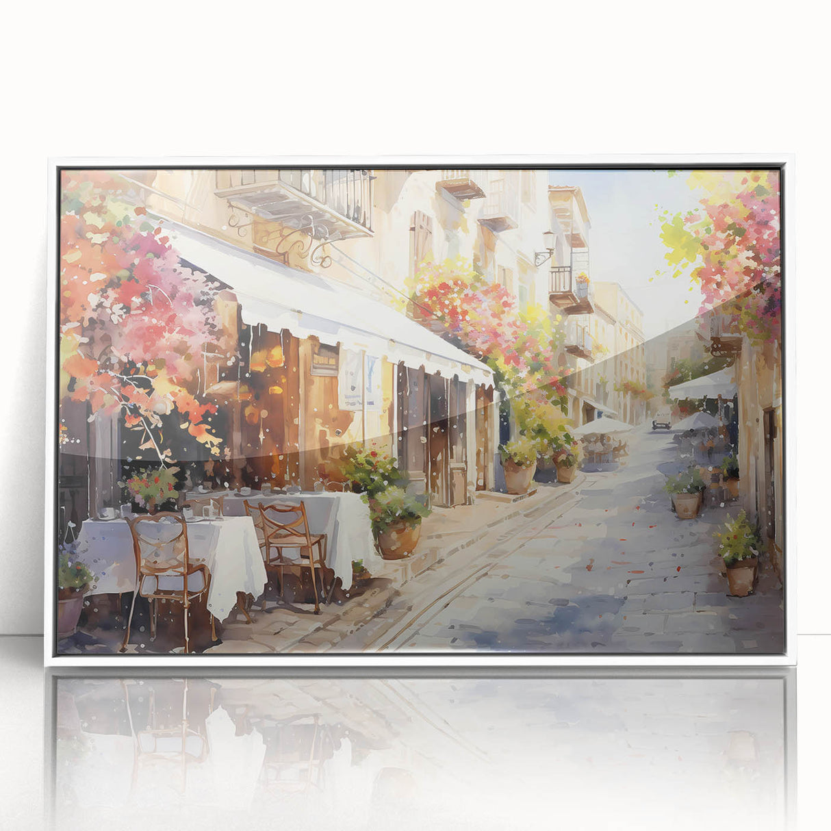 Framed wall art collection showcasing vibrant landscapes and street designs in a white acrylic frame, perfect for modern home decor. This eye-catching piece adds a touch of creativity to any living space.