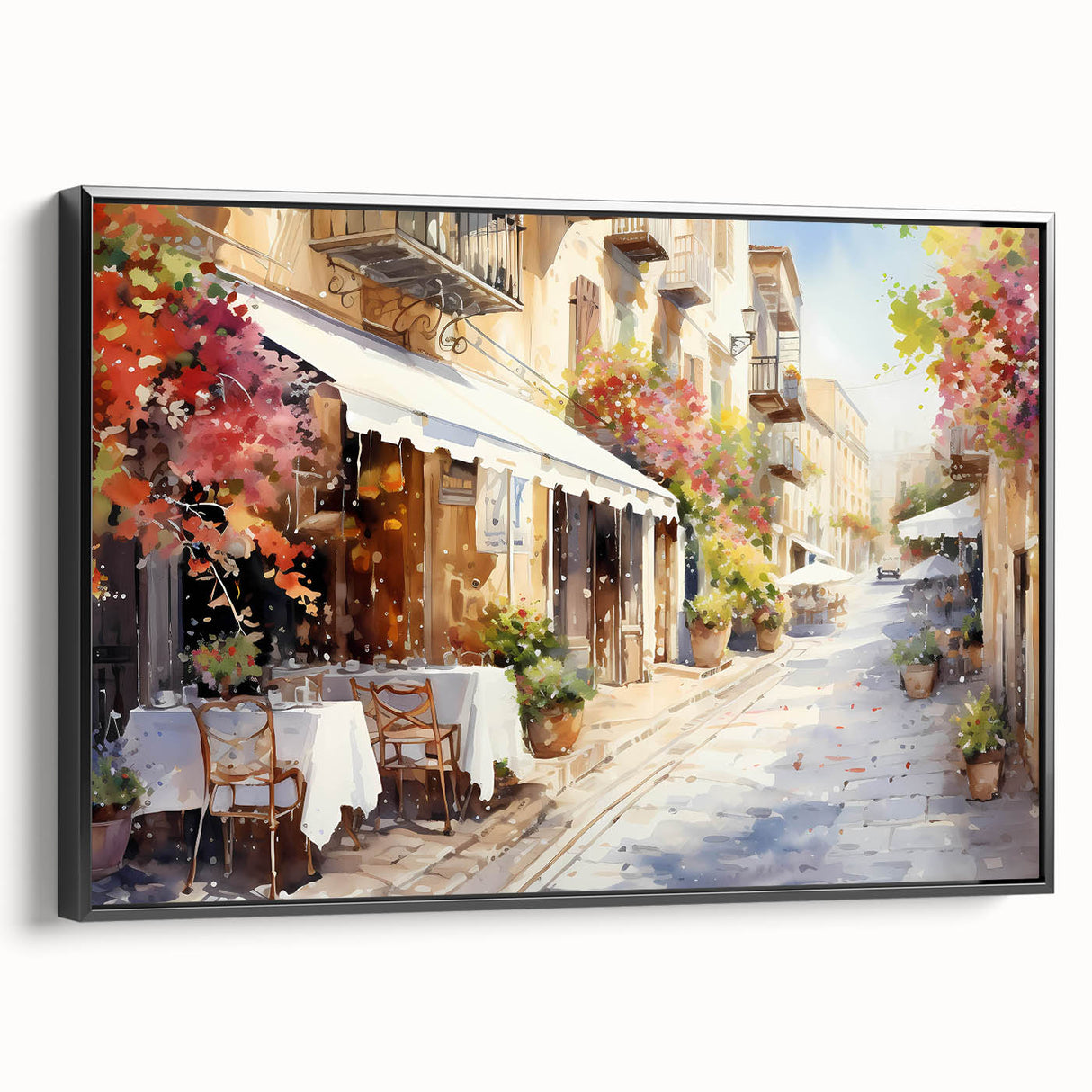 Framed canvas wall art showcasing a vibrant street landscape design, featuring a black frame and side view, perfect for modern home decor.