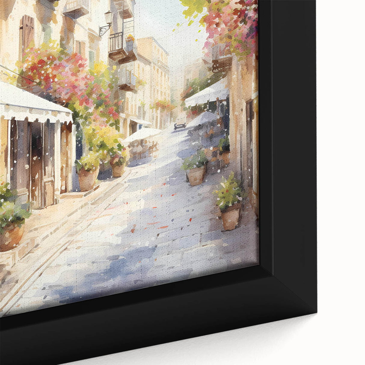 Framed canvas wall art collection showcasing a vibrant street landscape design with colorful buildings and intricate details, perfect for modern home decor.