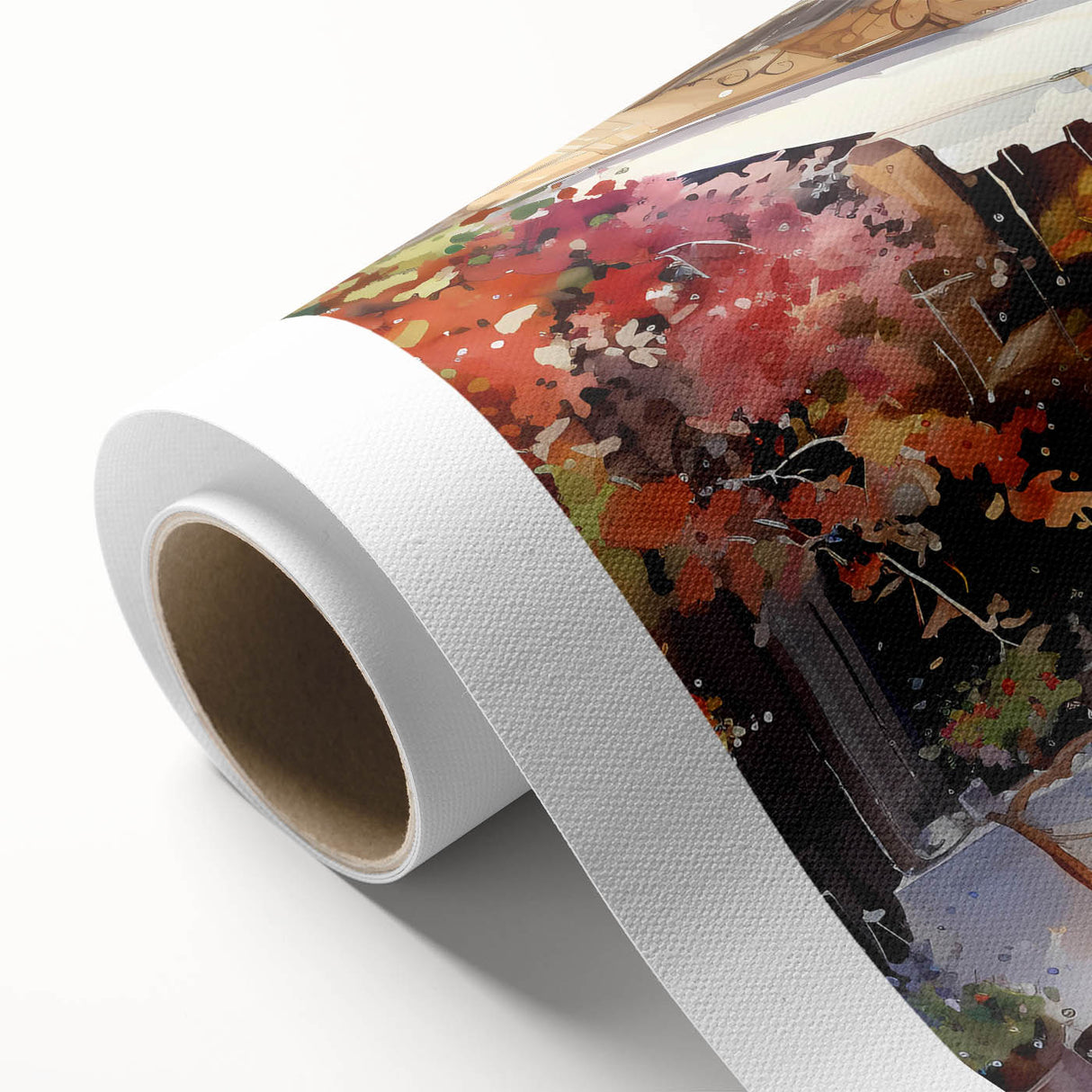 Rolled canvas art print showcasing a vibrant city landscape with intricate street designs, perfect for modern home decor, presented in a protective tube.
