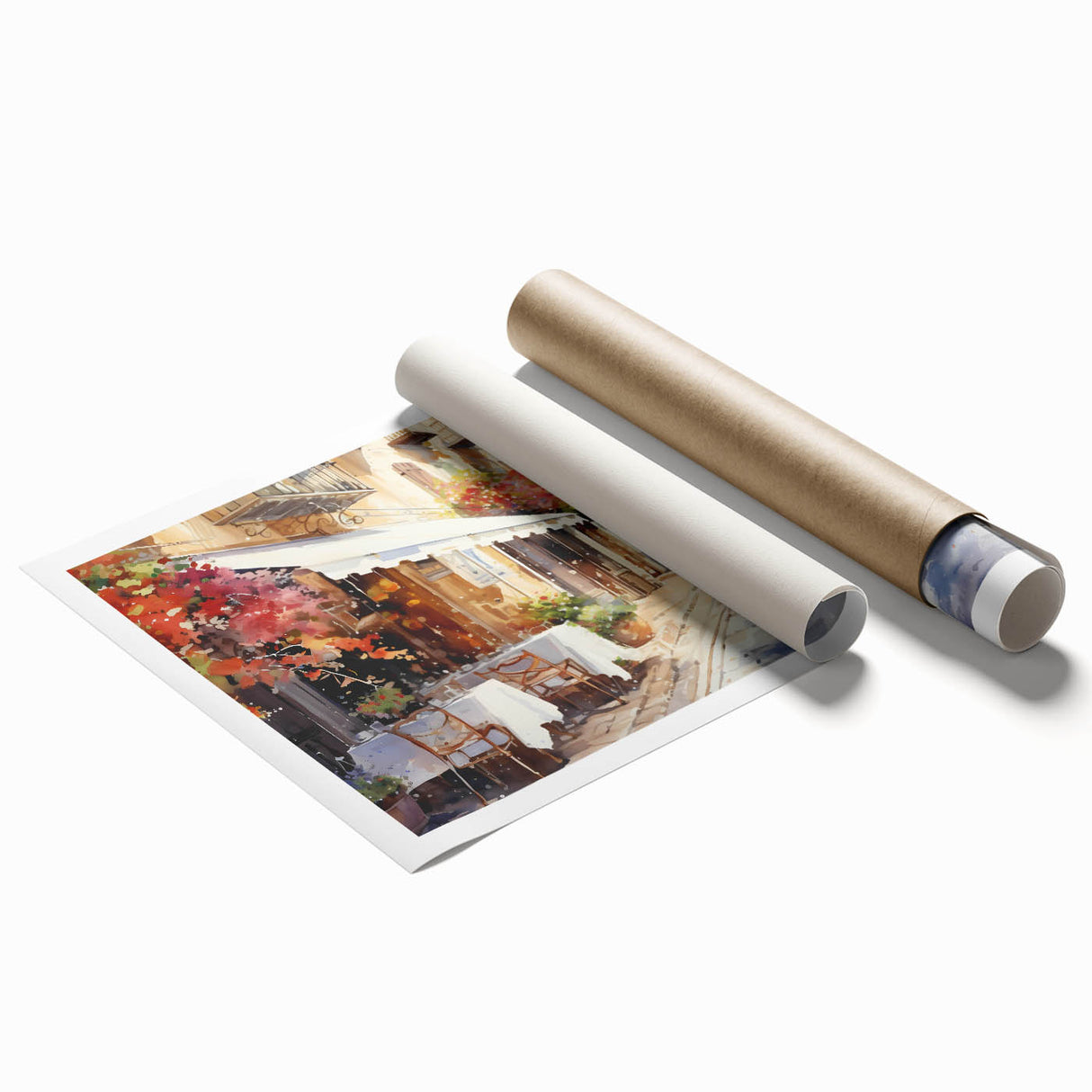 Rolled print of a vibrant street landscape design featuring colorful buildings and artistic elements, ideal for modern home decor. Packaged securely in a tube for preservation.