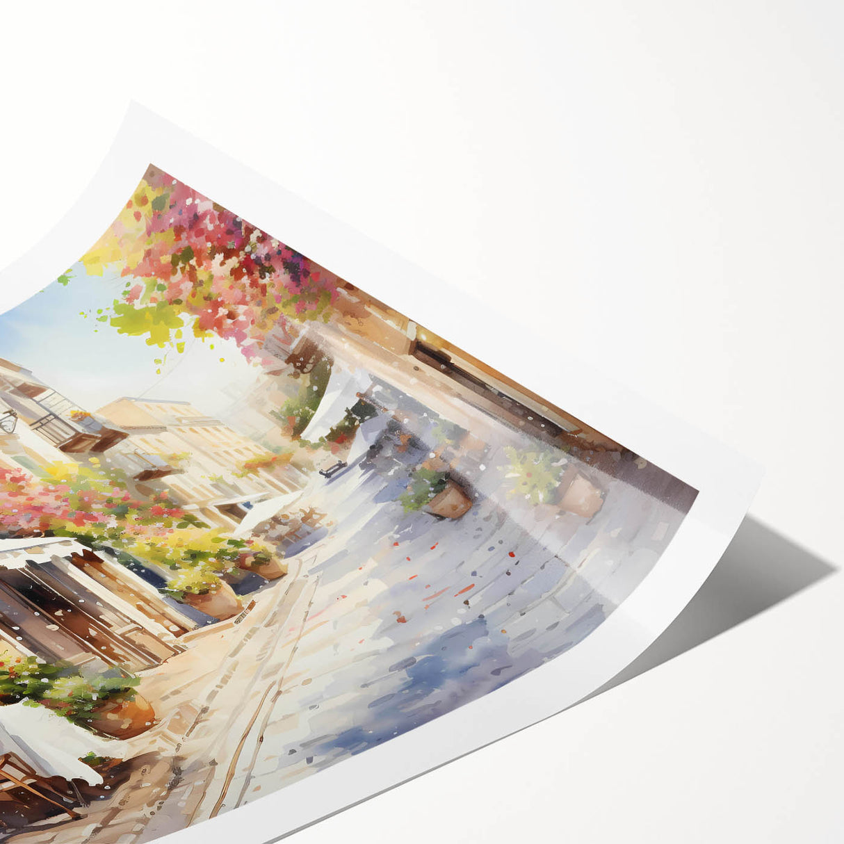 Rolled print showcasing a vibrant landscape street design, featuring a blend of colors and intricate details, ideal for modern home decor and art enthusiasts.