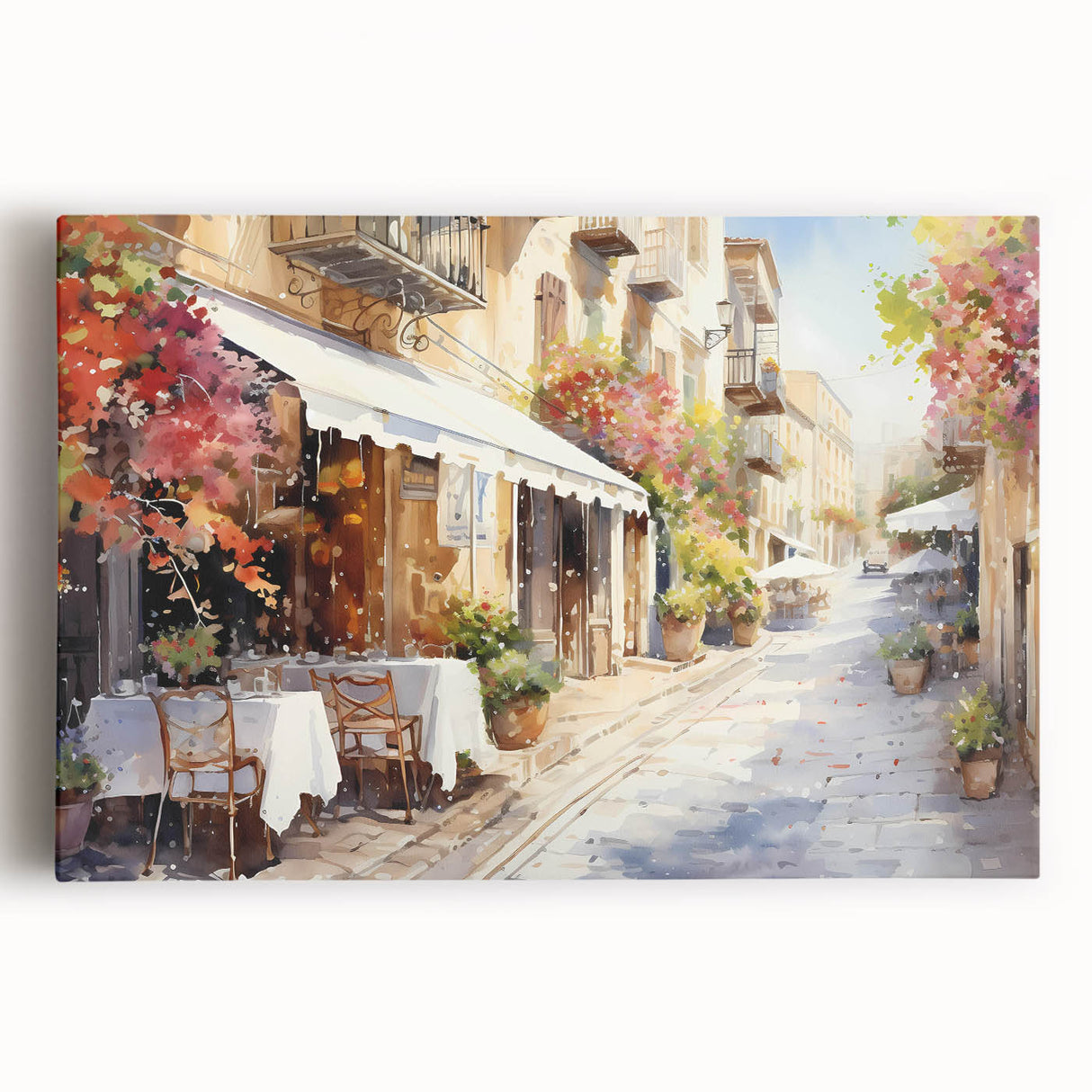 Vibrant stretched canvas wall art featuring a stunning cityscape design with colorful streets and architectural elements, perfect for modern decor.