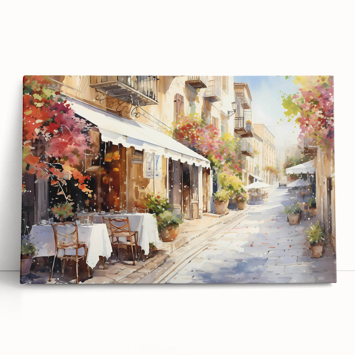 Contemporary stretched canvas wall art showcasing a vibrant landscape design, perfect for modern home decor. The artwork leans against a neutral wall, highlighting its colorful details and artistic appeal.