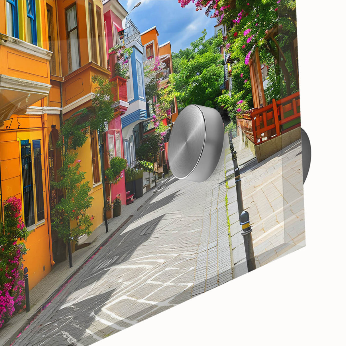Acrylic wall art print showcasing a vibrant landscape and street design, featuring bold colors and intricate details, perfect for modern home decor.