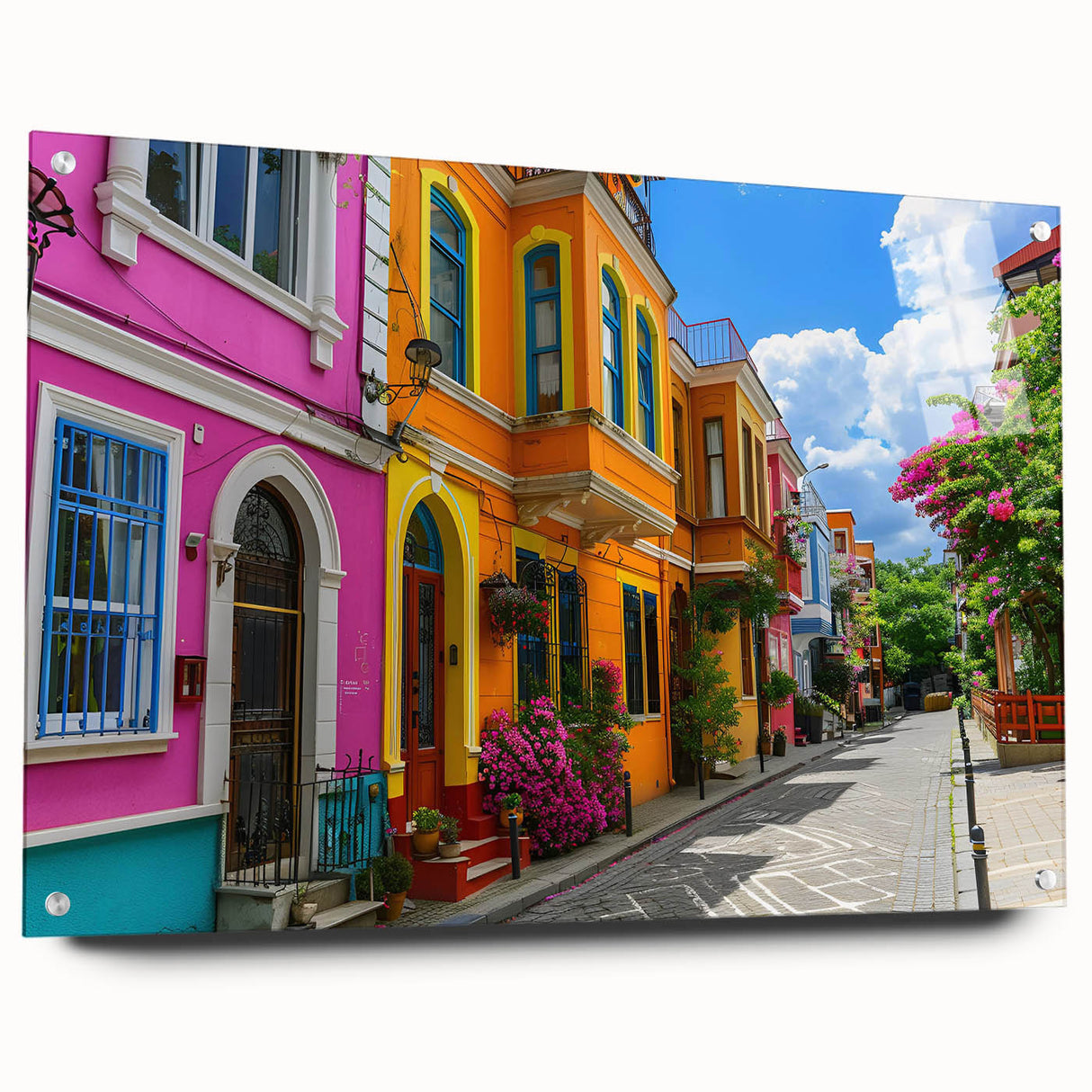 Acrylic glass wall art collection showcasing a vibrant landscape design, displayed from a side view and secured with pins, ideal for modern interior decor.