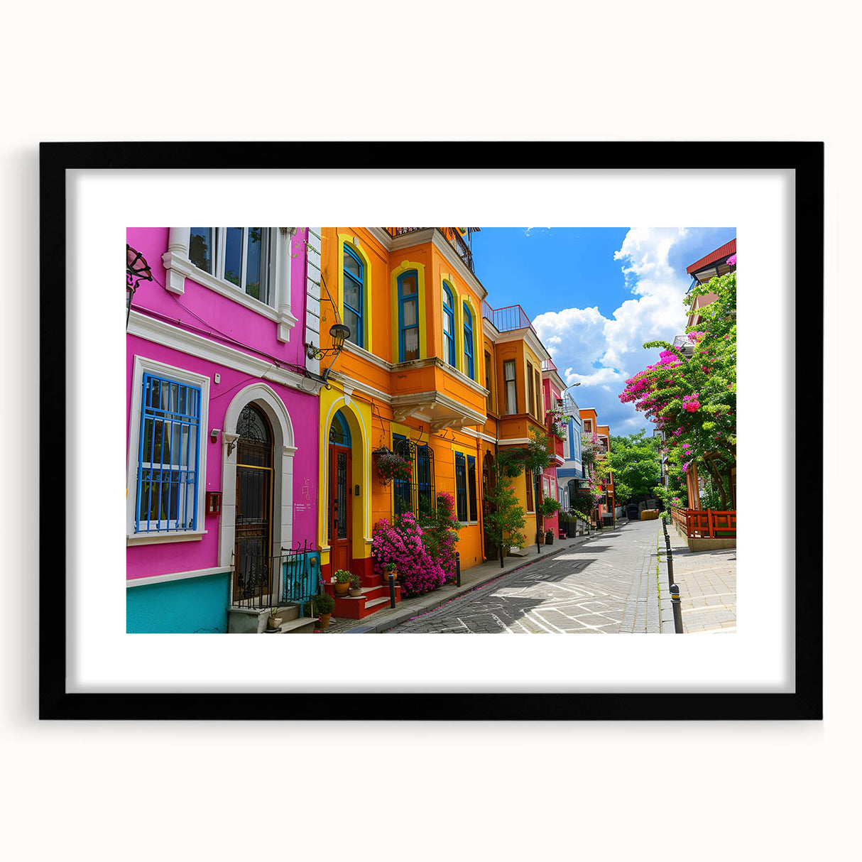 Framed wall art featuring a modern landscape street design in a black frame with a white mat, showcasing vibrant colors and intricate details for contemporary decor.