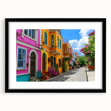 Framed wall art featuring a modern landscape street design in a black frame with a white mat, showcasing vibrant colors and intricate details for contemporary decor.