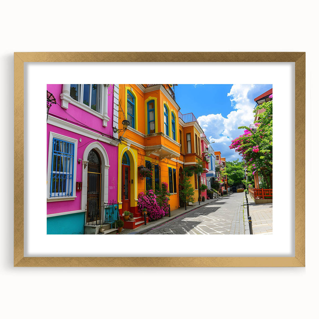 Framed wall art collection showcasing a stunning landscape design with a gold mat, perfect for enhancing home decor in living rooms or offices. The artwork captures vibrant colors and intricate details, adding elegance to any space while complementing contemporary styles.