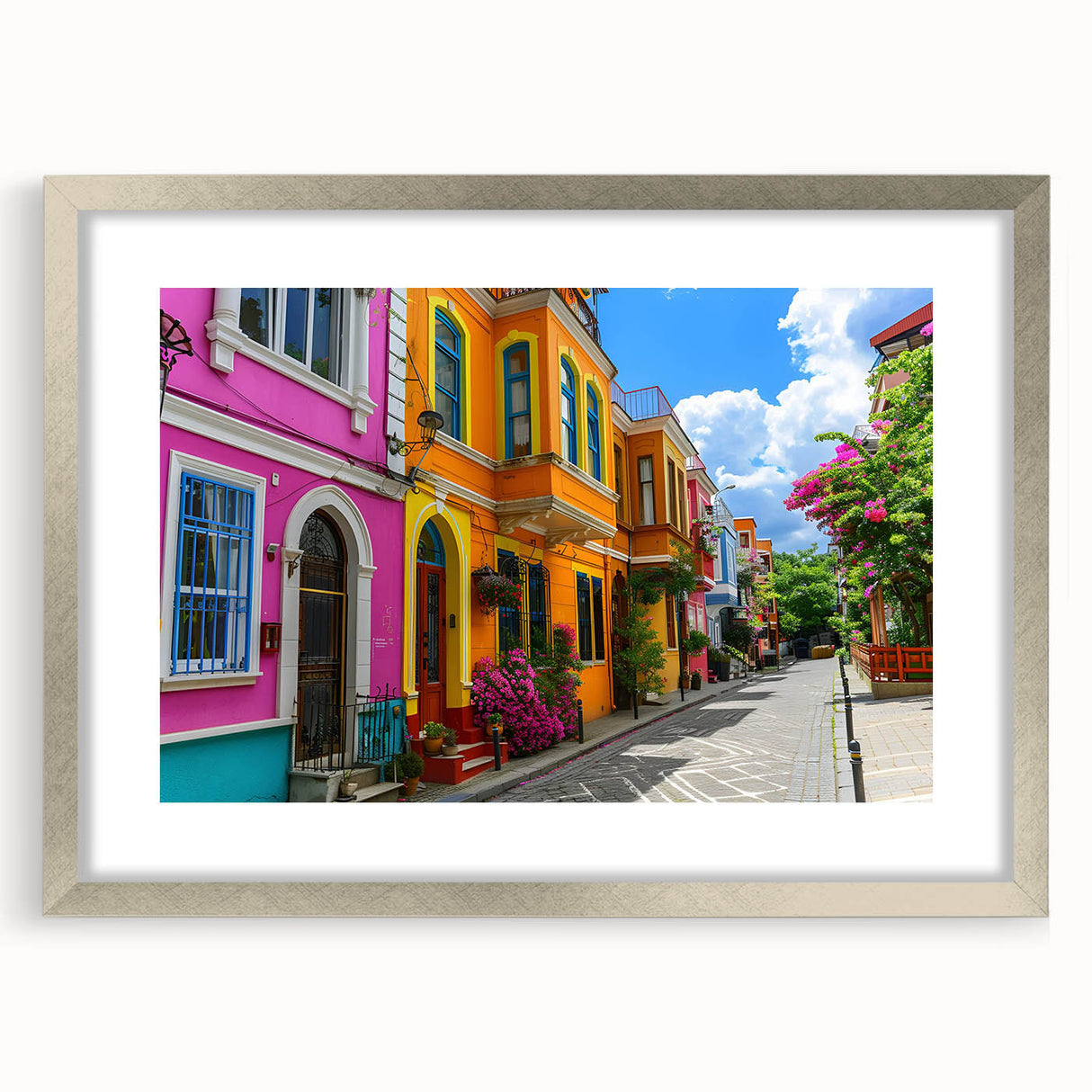 Framed wall art collection featuring a modern landscape design with silver matting, ideal for enhancing home decor; displayed in a stylish front view.