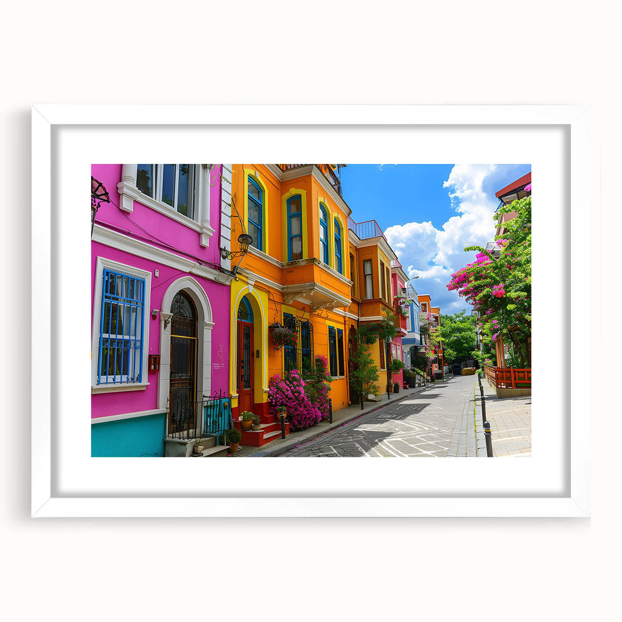Framed landscape wall art collection showcasing serene street scenes, featuring a white mat and frame, ideal for home decor and interior design enthusiasts.