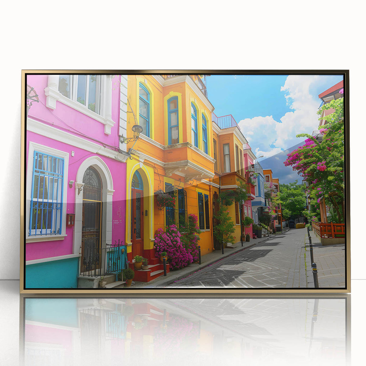 Framed acrylic wall art featuring a stunning landscape design with golden accents, ideal for modern home decor, enhancing any living space with elegance.