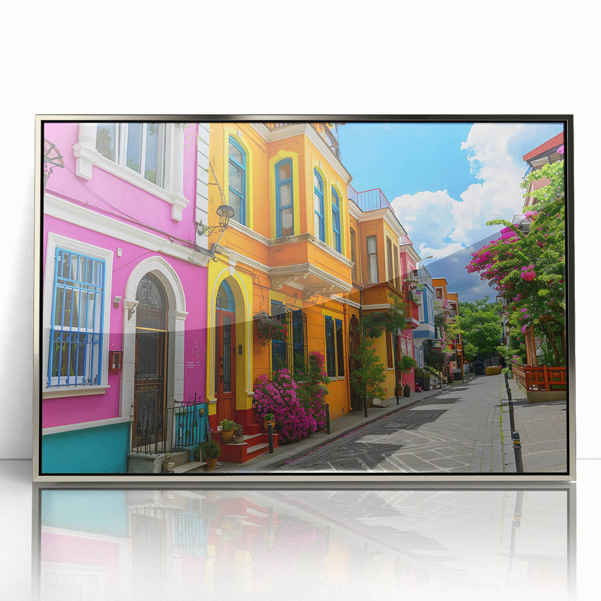 Framed acrylic wall art showcasing a modern city landscape design with vibrant colors and intricate details, perfect for contemporary home decor.