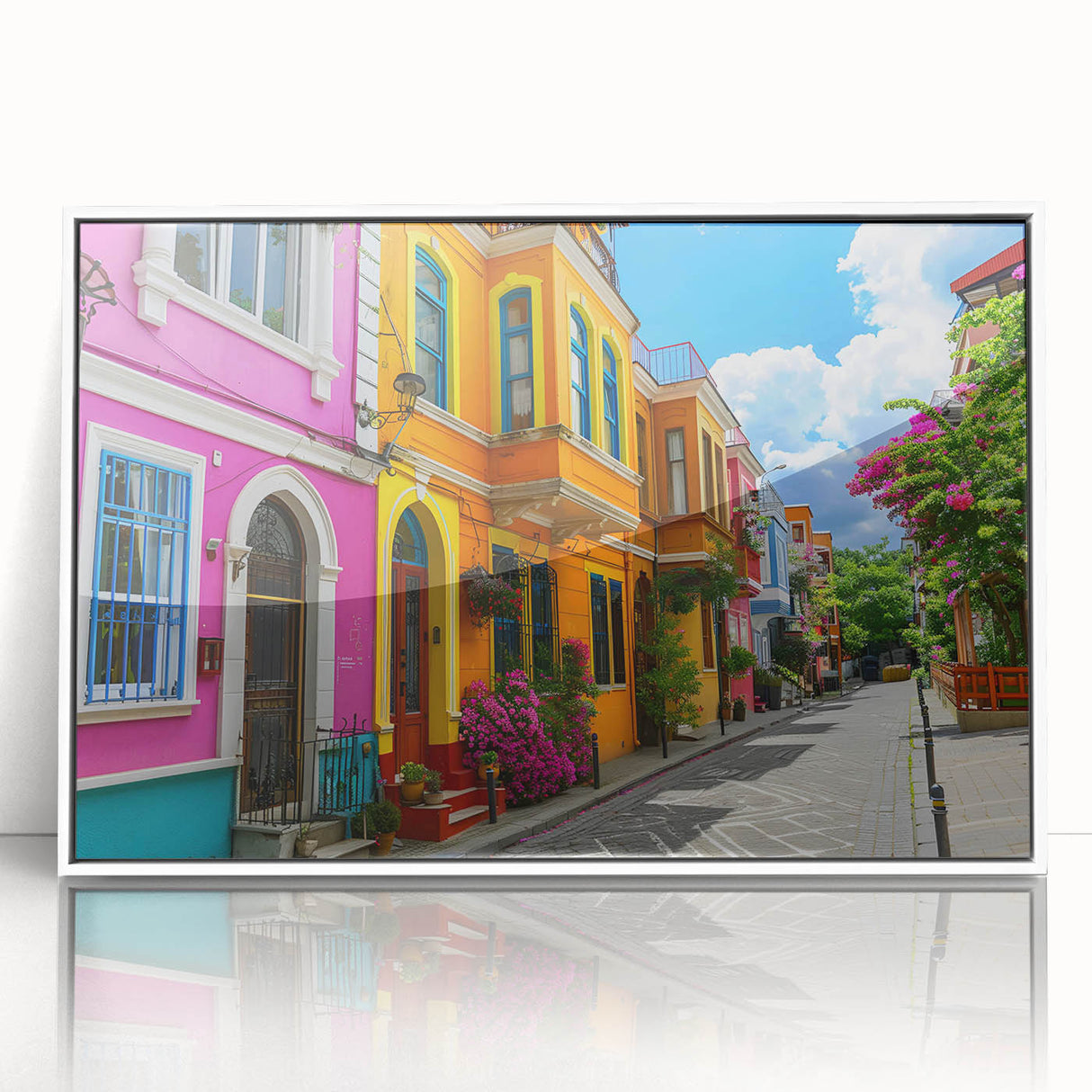 Framed acrylic wall art depicting a vibrant street landscape design, featuring a modern aesthetic with a white frame, ideal for home decor and interior styling.