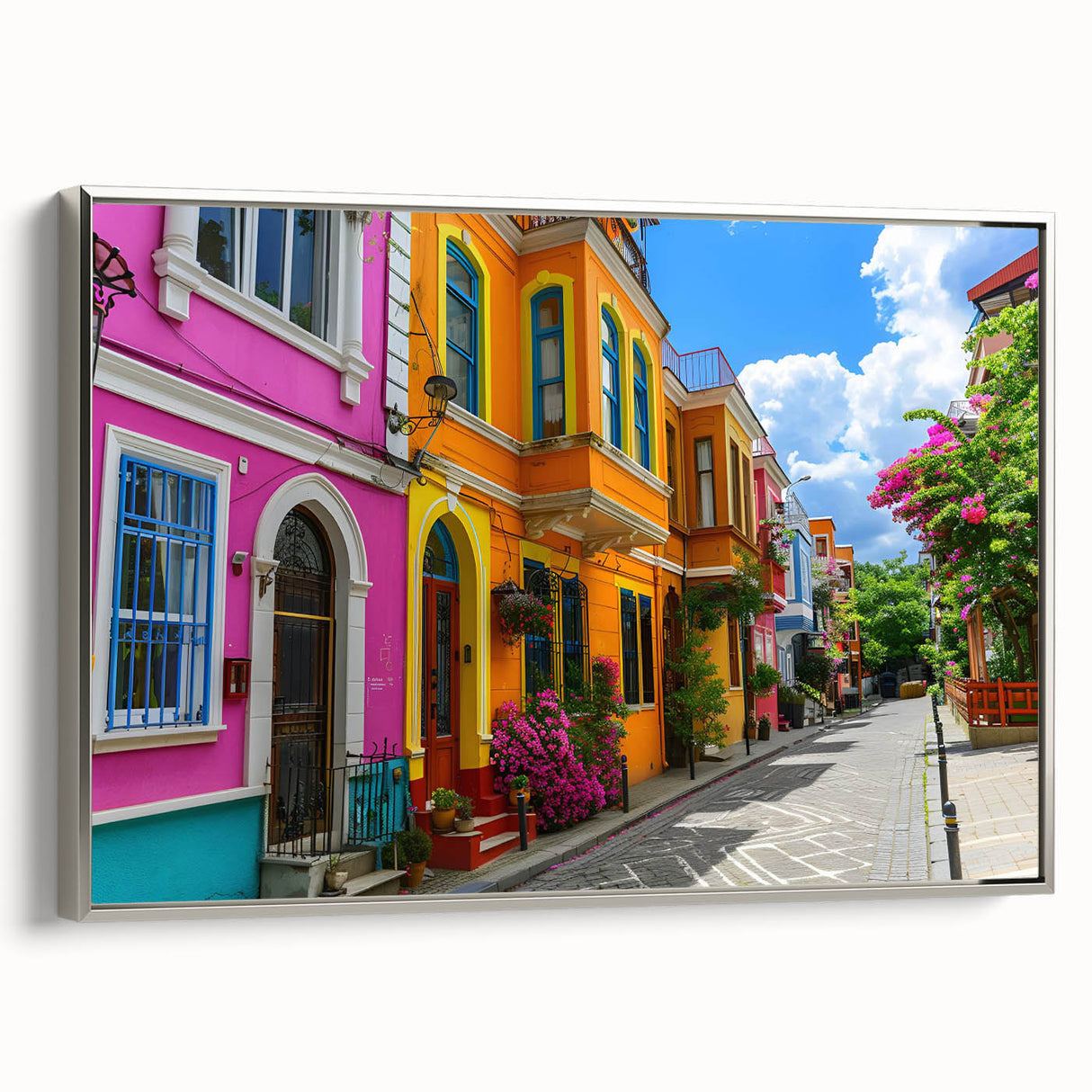 Framed canvas wall art showcasing a stunning landscape design with vibrant colors, accented by a sleek silver frame, ideal for modern home decor.