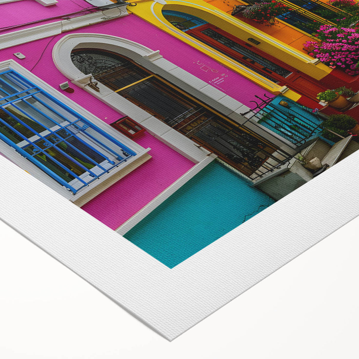 Rolled canvas artwork showcasing a vibrant street landscape design, featuring colorful buildings and dynamic urban elements, ideal for home decor and modern art enthusiasts.
