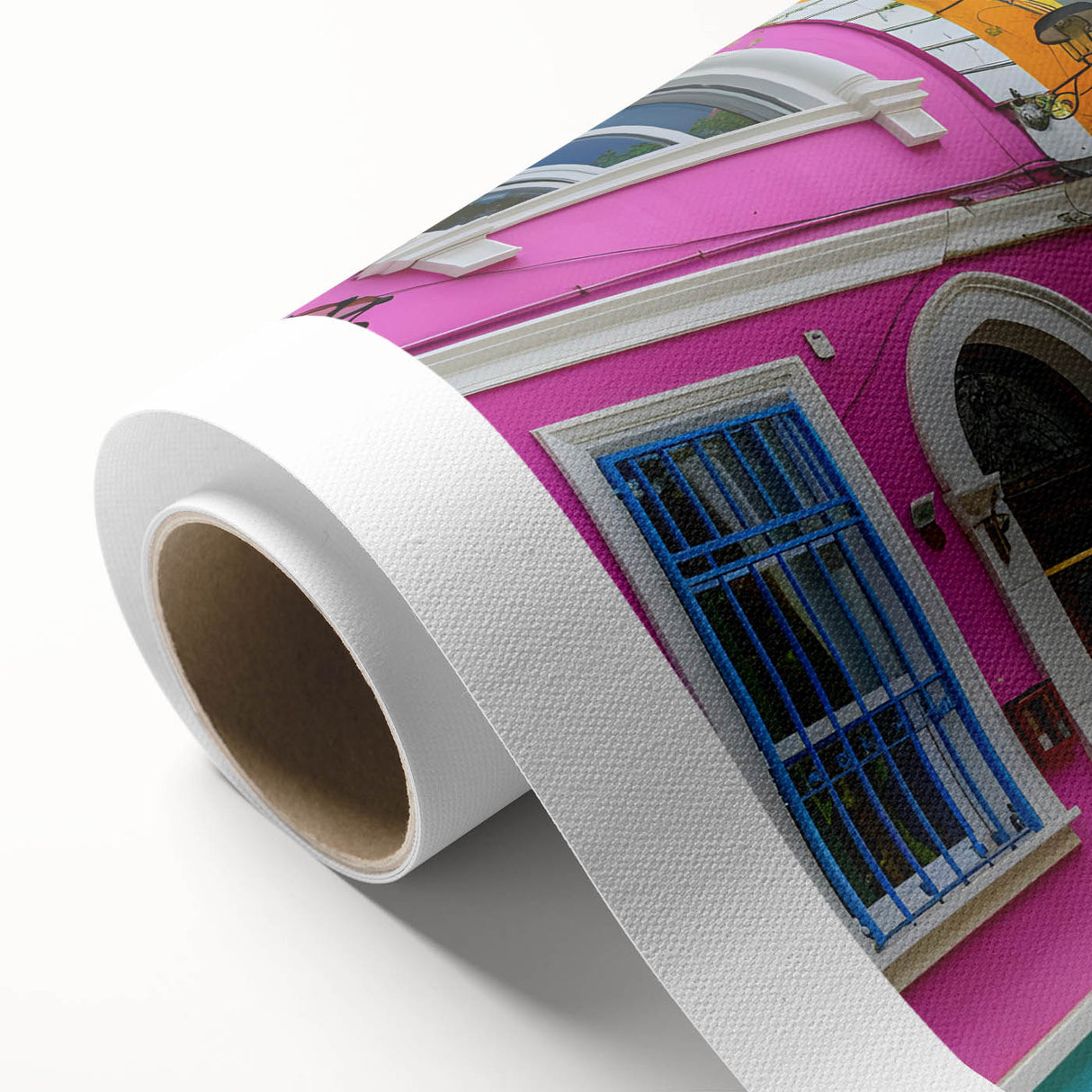 Rolled canvas print showcasing a vibrant landscape street design, featuring rich colors and intricate details, ideal for home decor and art enthusiasts.