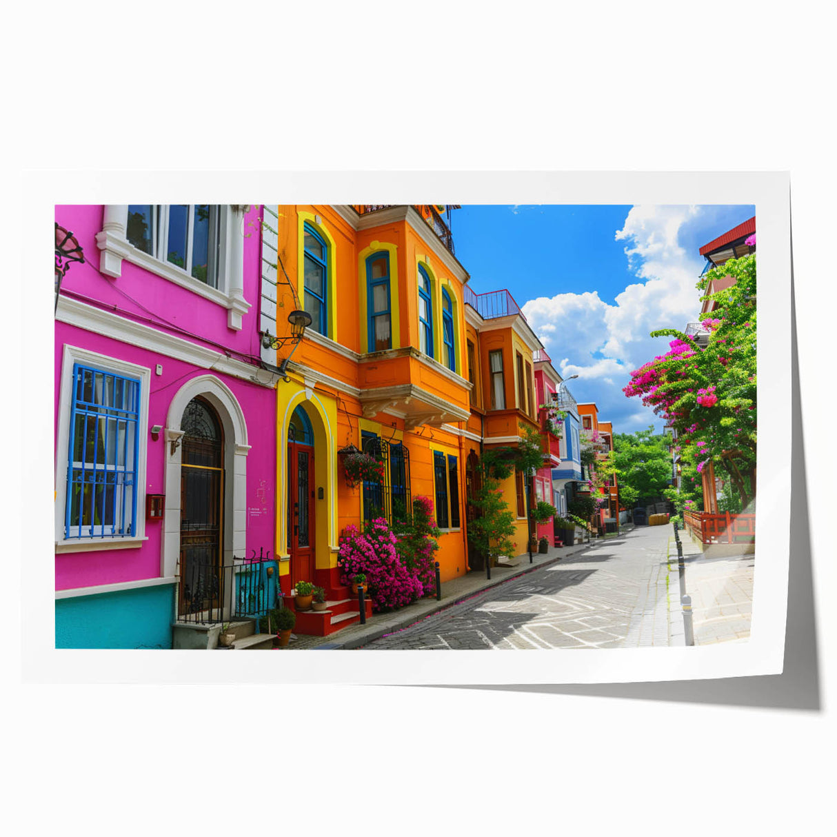 Rolled print showcasing a vibrant urban landscape design, featuring colorful street art and architectural elements, ideal for modern home decor.