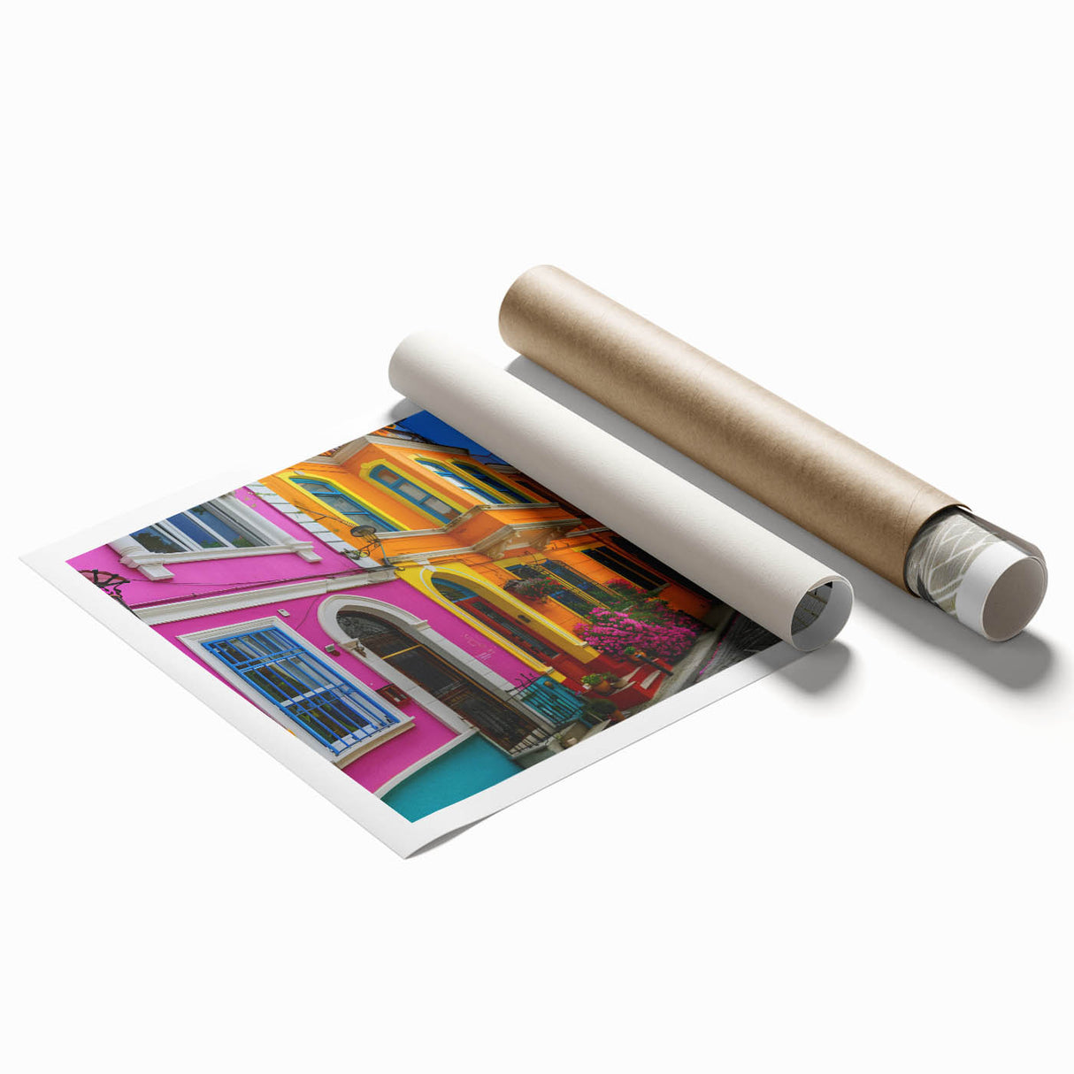 Rolled print of a vibrant street landscape design featuring colorful buildings and artistic elements, perfect for home decor, packaged securely for delivery in a protective tube.