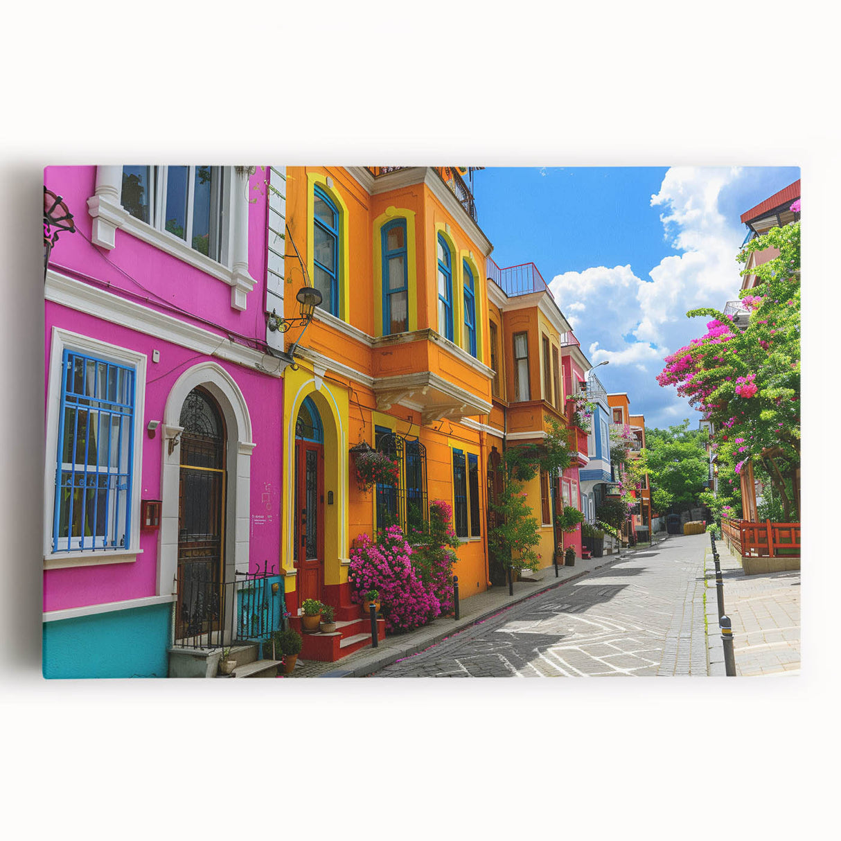 Stretched canvas wall art featuring a vibrant street landscape design, showcasing a blend of colors and intricate details, perfect for enhancing modern home decor.