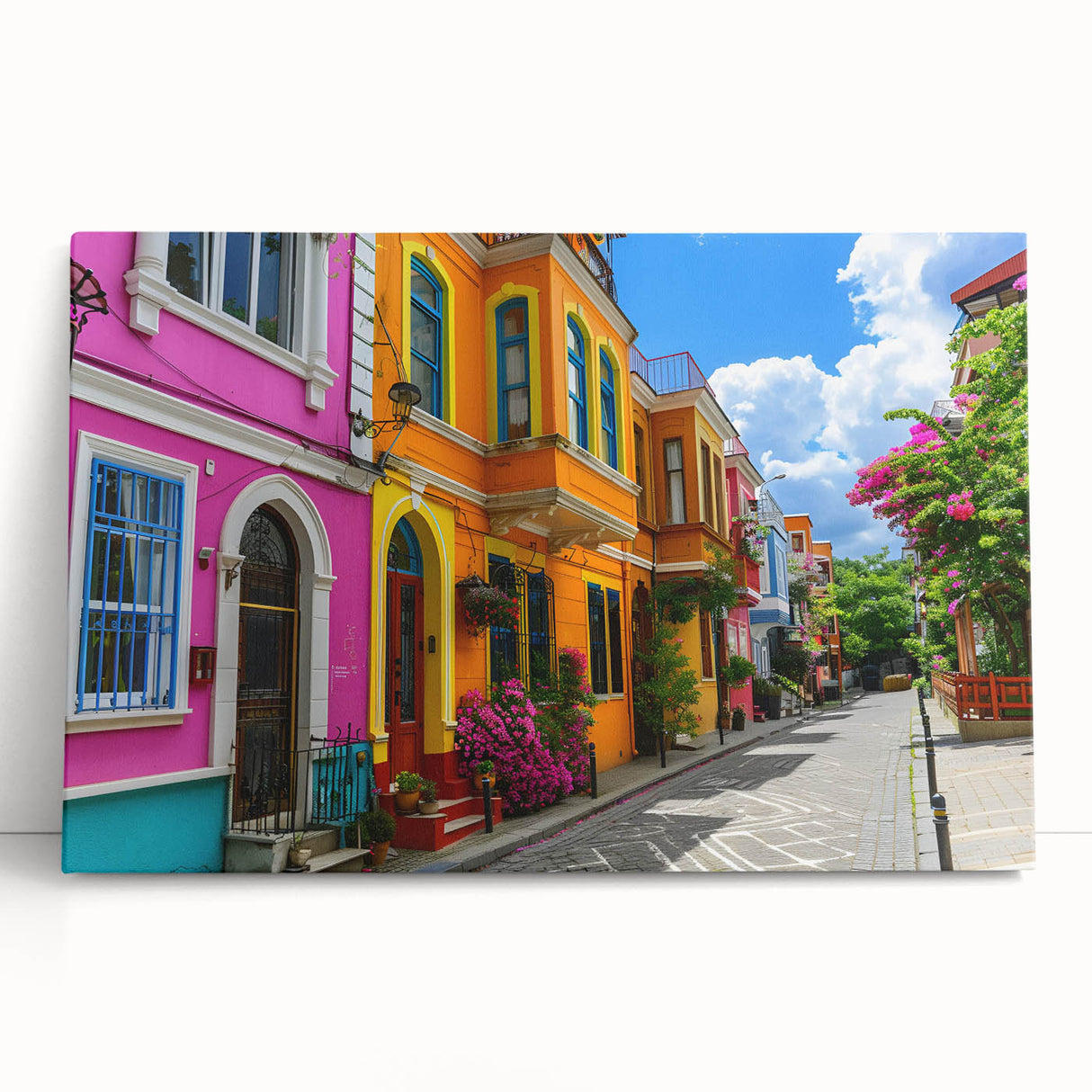 Stretched canvas wall art showcasing a vibrant landscape scene with mountains and colorful skies, perfect for home decor or office enhancement.