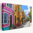 Stretched canvas wall art showcasing a vibrant street landscape design with rich colors and intricate details, perfect for modern home decor.