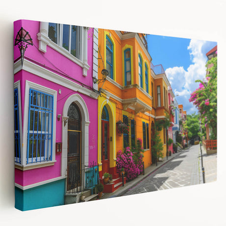 Stretched canvas wall art showcasing a vibrant street landscape design with rich colors and intricate details, perfect for modern home decor.