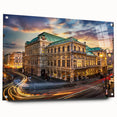 Acrylic glass wall art piece showcasing a vibrant street landscape design, featuring colorful buildings and intricate details, displayed from a side view with decorative pins for mounting.