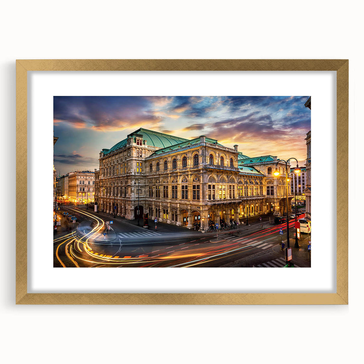Framed wall art collection featuring a contemporary landscape design with a gold mat and frame, showcasing vibrant colors and intricate details, perfect for home decor.