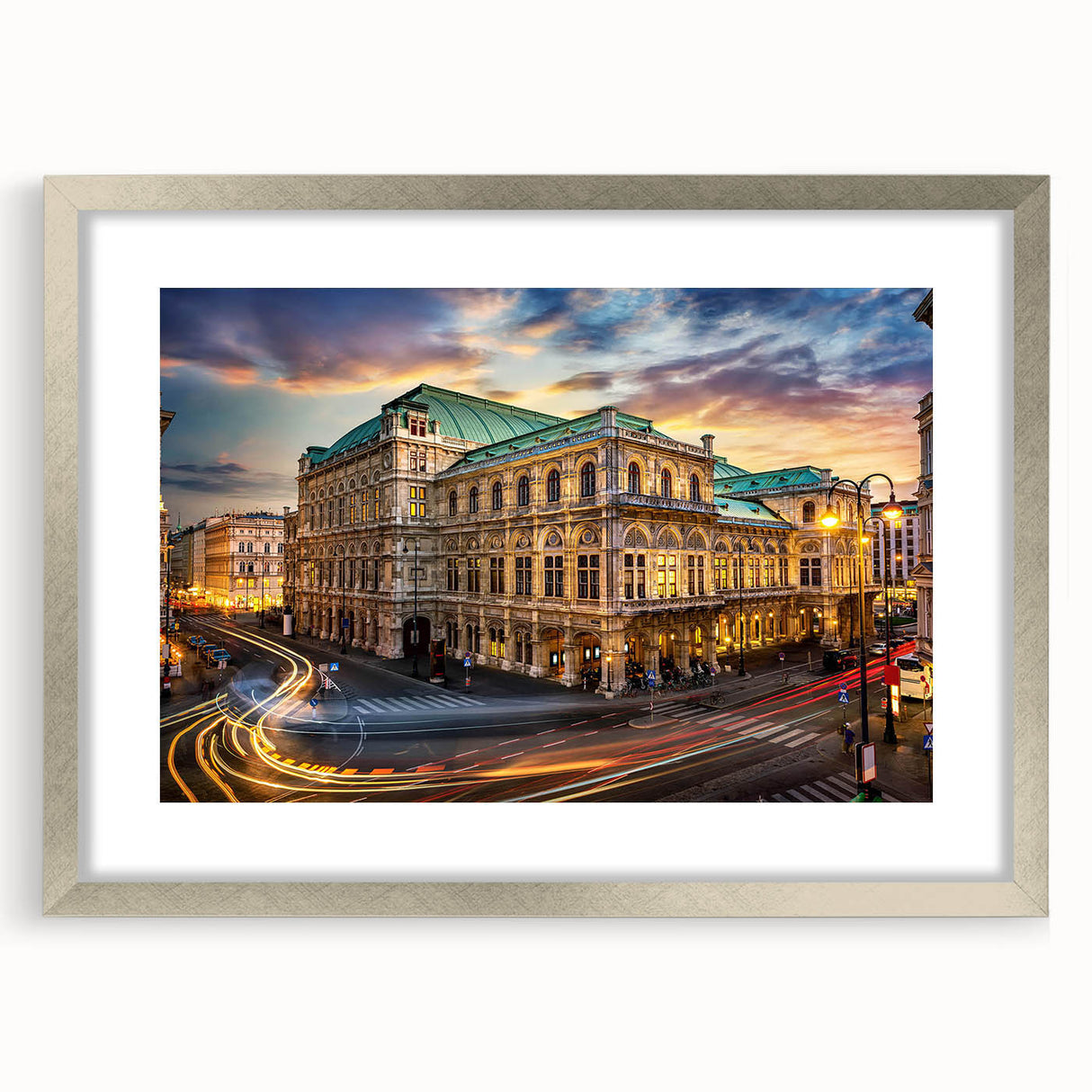 Framed landscape wall art featuring a serene street design with a silver mat, ideal for home decor or office settings, enhancing any interior space.