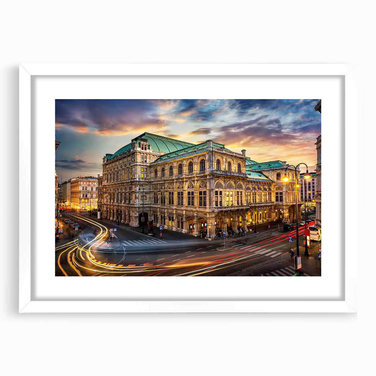 Framed wall art from the Landscapes Streets Design collection, showcasing a vibrant urban scene with a white mat and sleek frame, ideal for modern home decor.