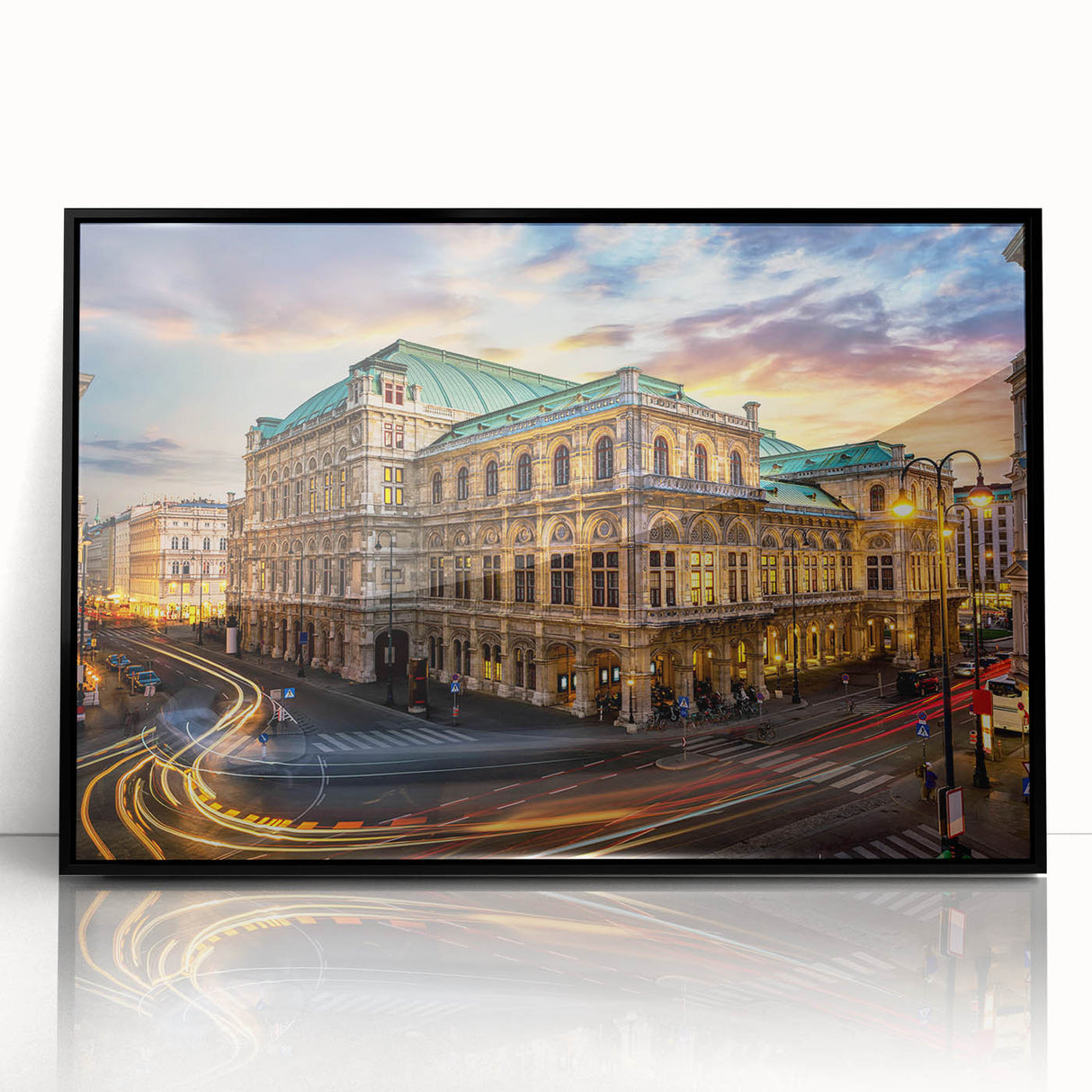 Framed wall art collection featuring a modern street landscape design with a black frame, perfect for enhancing contemporary home decor. Ideal for art enthusiasts.