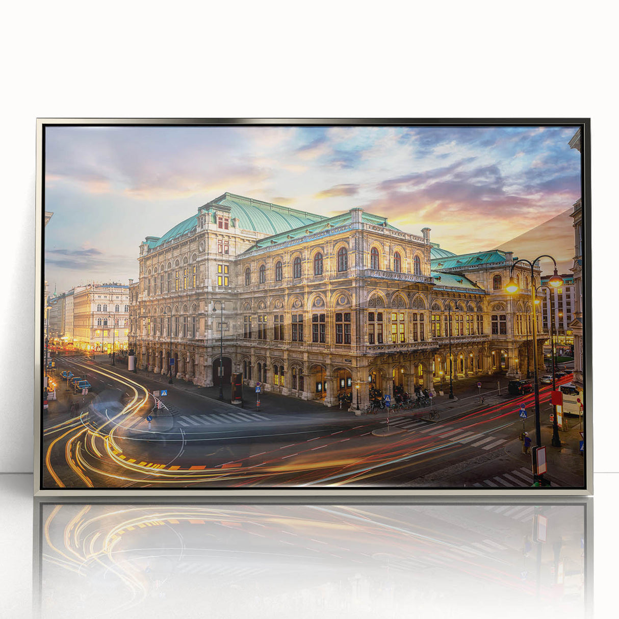 Framed wall art featuring a modern landscape design in silver acrylic, showcasing vibrant colors and intricate details, perfect for enhancing contemporary interiors.