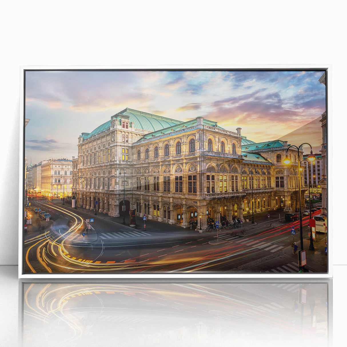 Framed acrylic wall art featuring a vibrant street landscape design in a white frame, showcasing colorful buildings and urban details, perfect for modern decor.