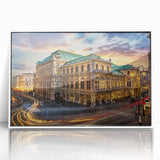 Framed acrylic wall art featuring a vibrant street landscape design in a white frame, showcasing colorful buildings and urban details, perfect for modern decor.