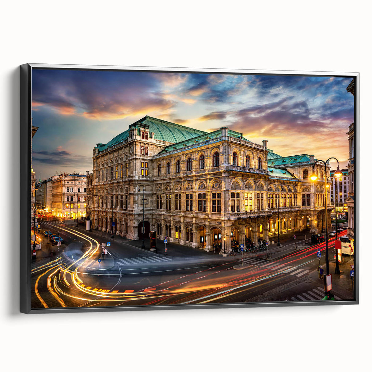 Framed canvas wall art showcasing an urban street landscape design in vibrant colors, featuring a black frame, ideal for modern home decor and artistic expression.